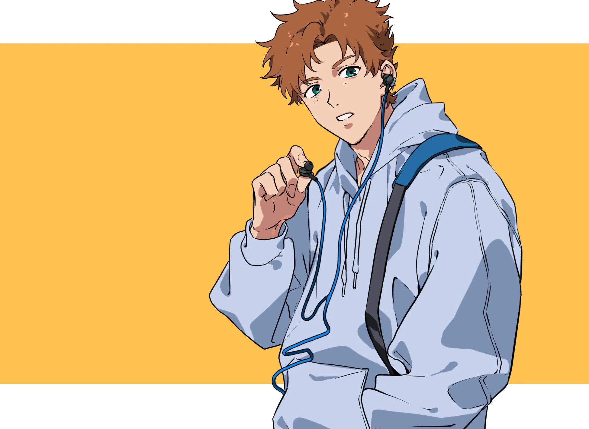 anime illustration, a boy with reddish-brown hair and blue eyes