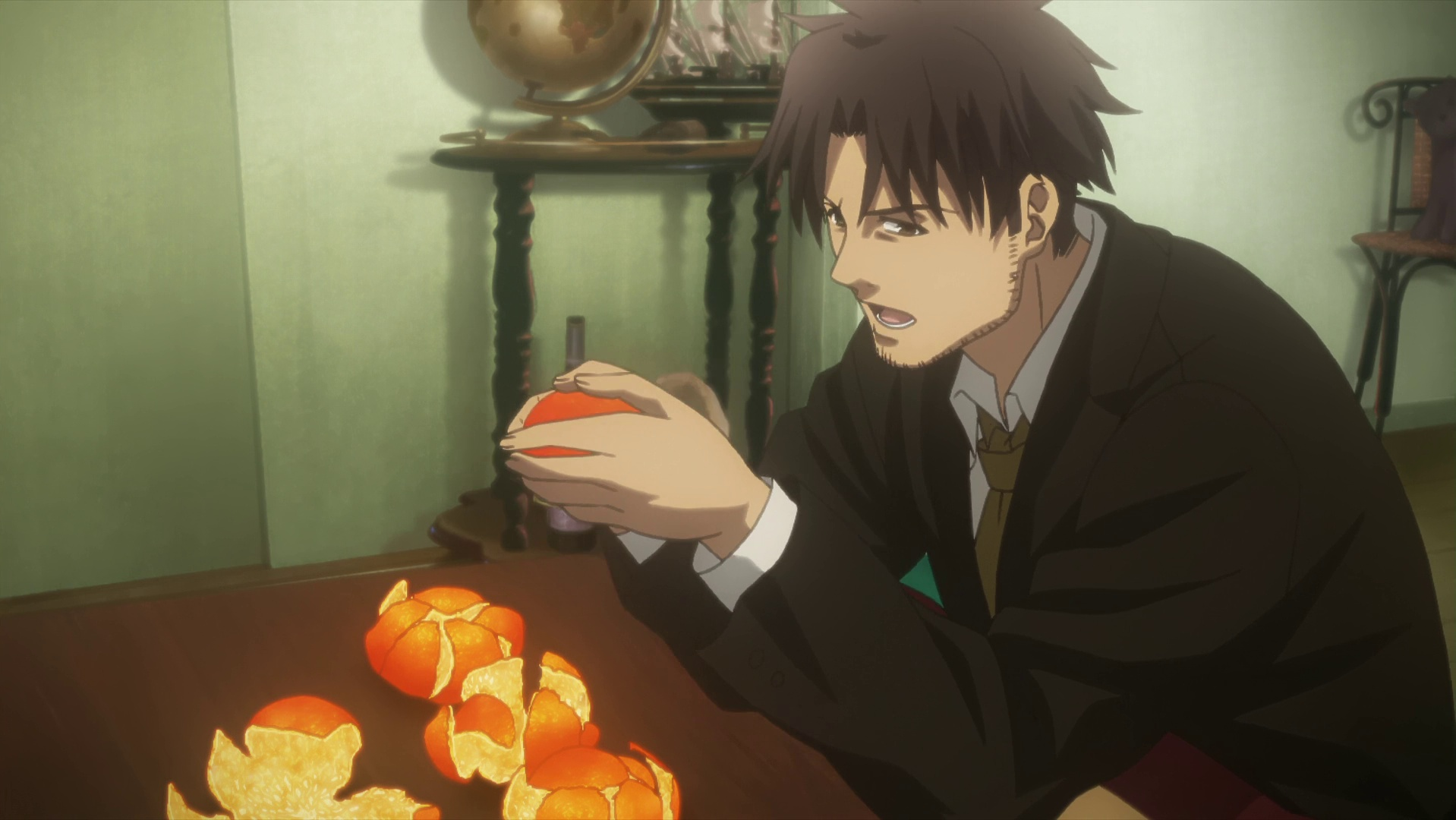 Fig 6: A man with dark hair and a beard, wearing a black suit and a white shirt with a tie, is kneeling at a wooden table. He is holding an orange in his hands, seemingly about to peel it. On the table in front of him are several peeled orange segments. The background features a green wall, a globe on a stand, and a chair. The lighting is soft and natural, coming from the left side of the image, casting gentle shadows. The style of the image is a detailed anime illustration. The man's expression is focused and slightly intense.