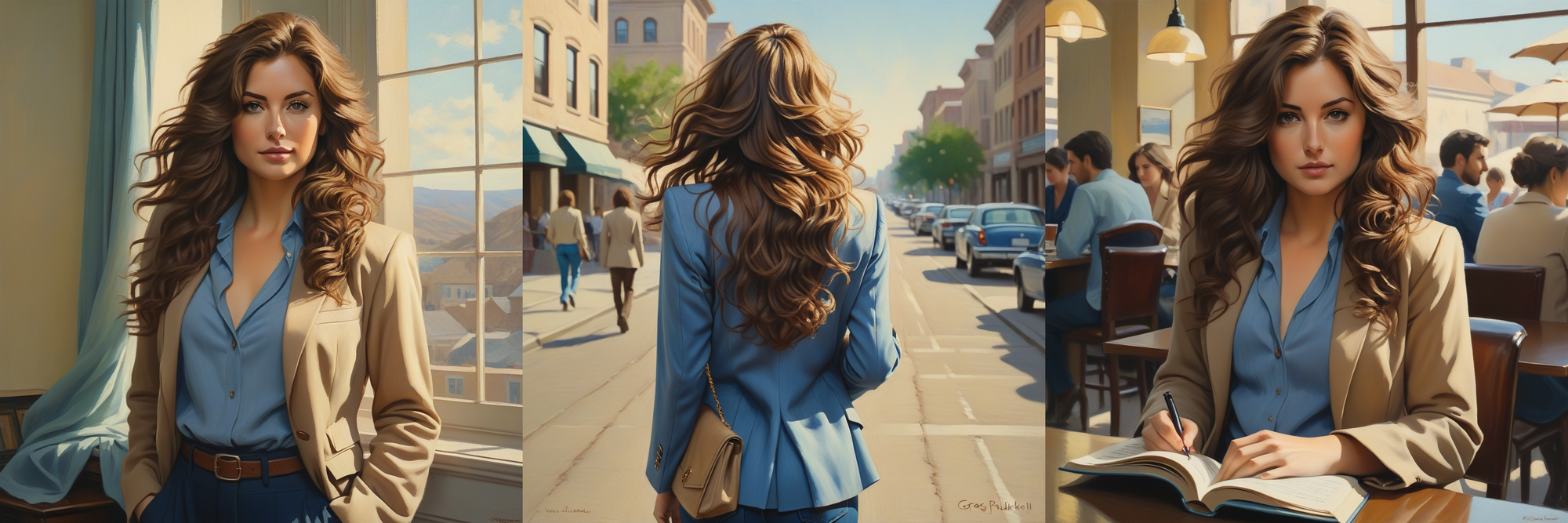 Fig B: Character: Caucasian, Female, Adult, Long Brown Wavy hair, wearing a blue top with a beige blazer.