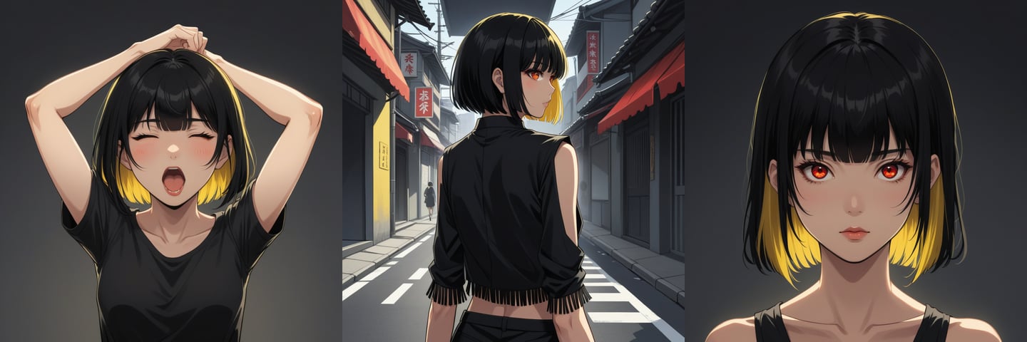 Fig A: Character: Asian, Female, Adult, Red eyes, Short fringed, Outer dark black hair , Inner yellow Hair, Bangs, Skinny.