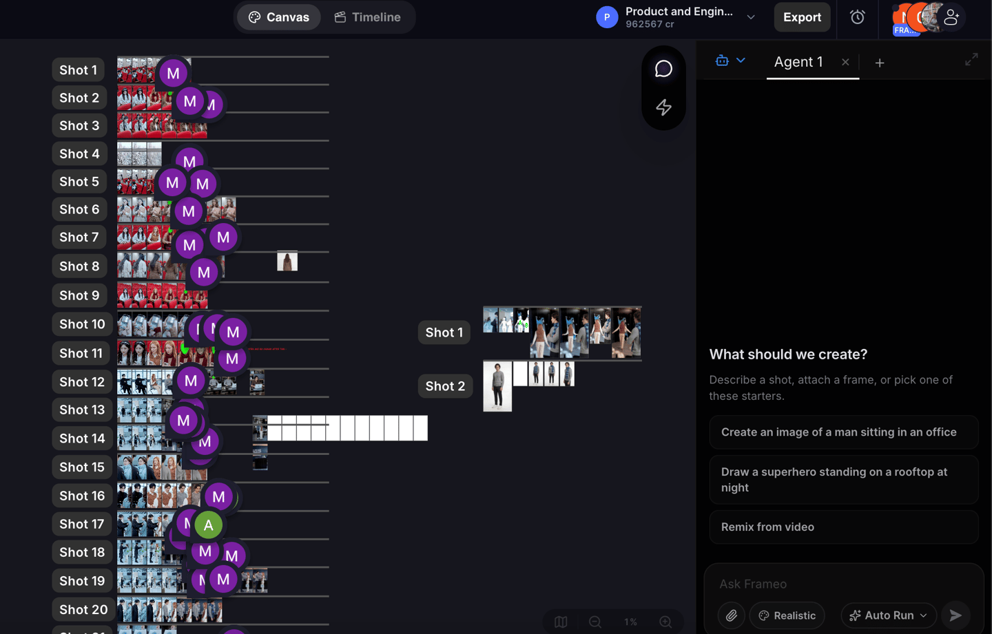 Frameo canvas showing a column of shots with reviewer comment markers
