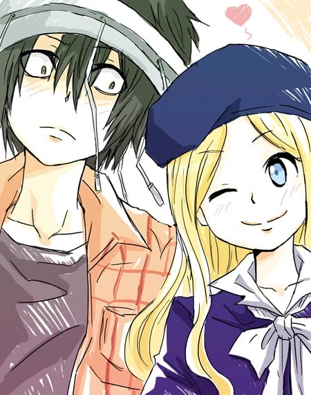 anime illustration, a boy with dark hair and a white headband