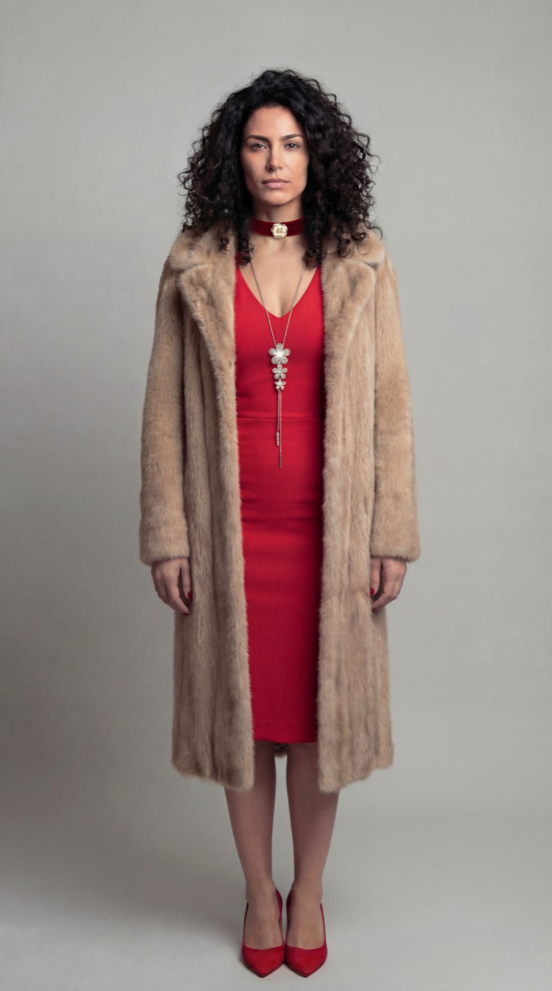 Character reference: dark curly-haired woman in a tan fur coat over a red dress