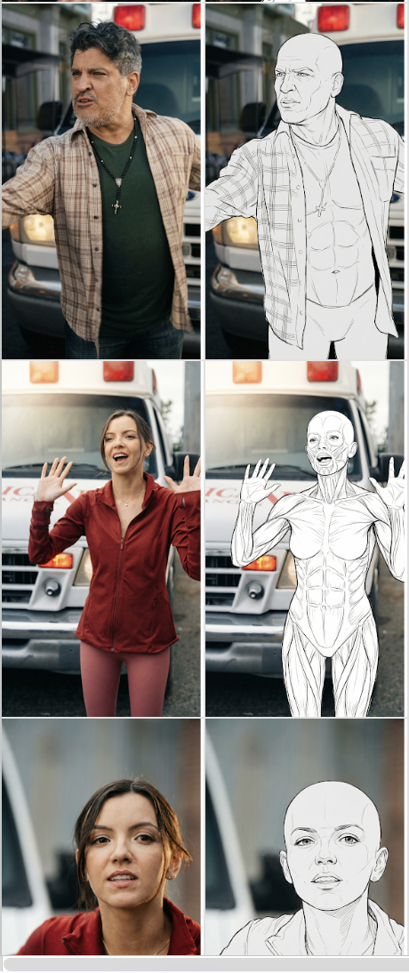 Three input frames and their line-art intermediates showing inconsistent skeleton styles for the same prompt - full skeleton, plain outline, and muscle anatomy