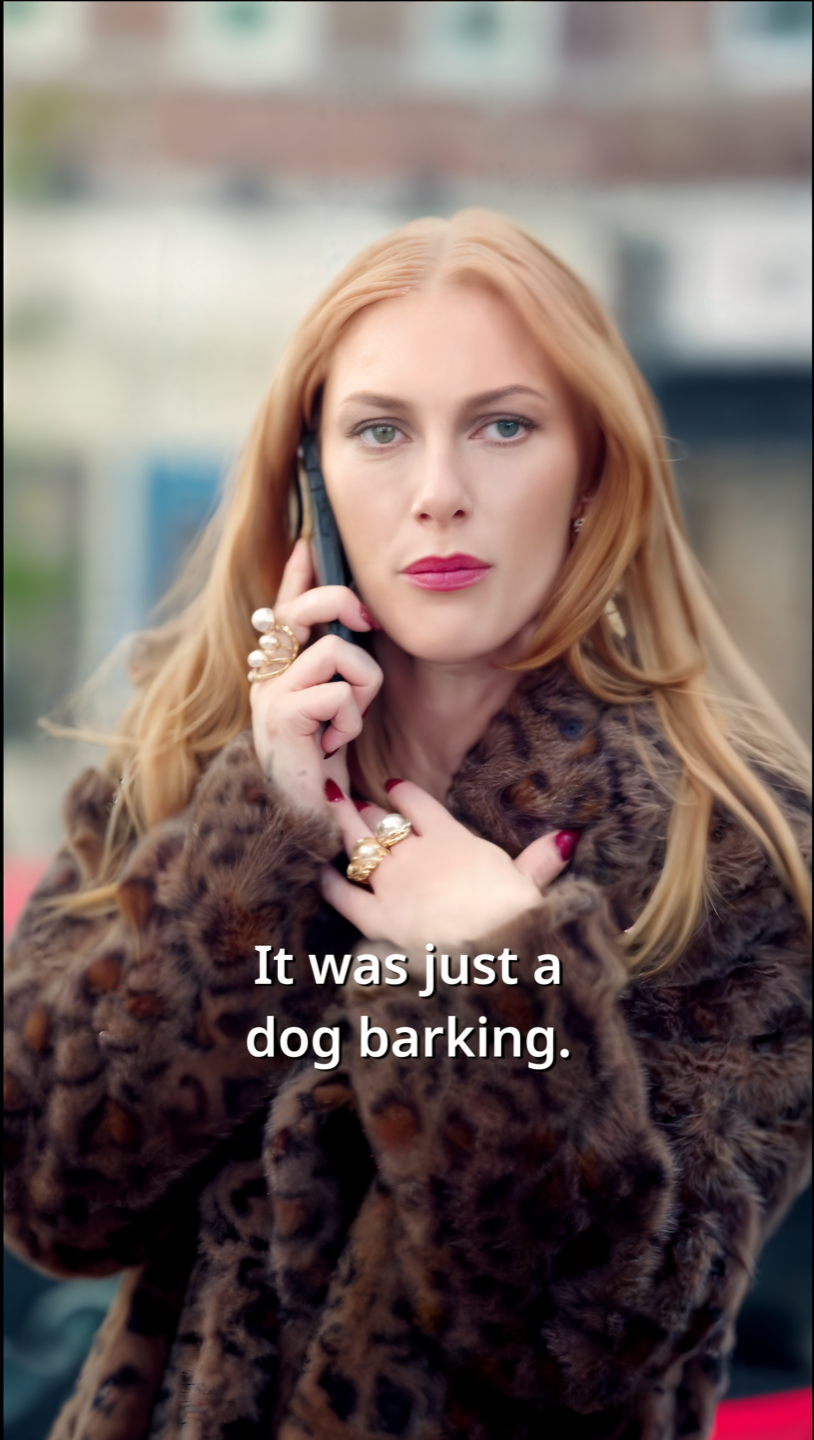 Input frame: red-haired woman in a leopard-print fur coat on a phone call, street background