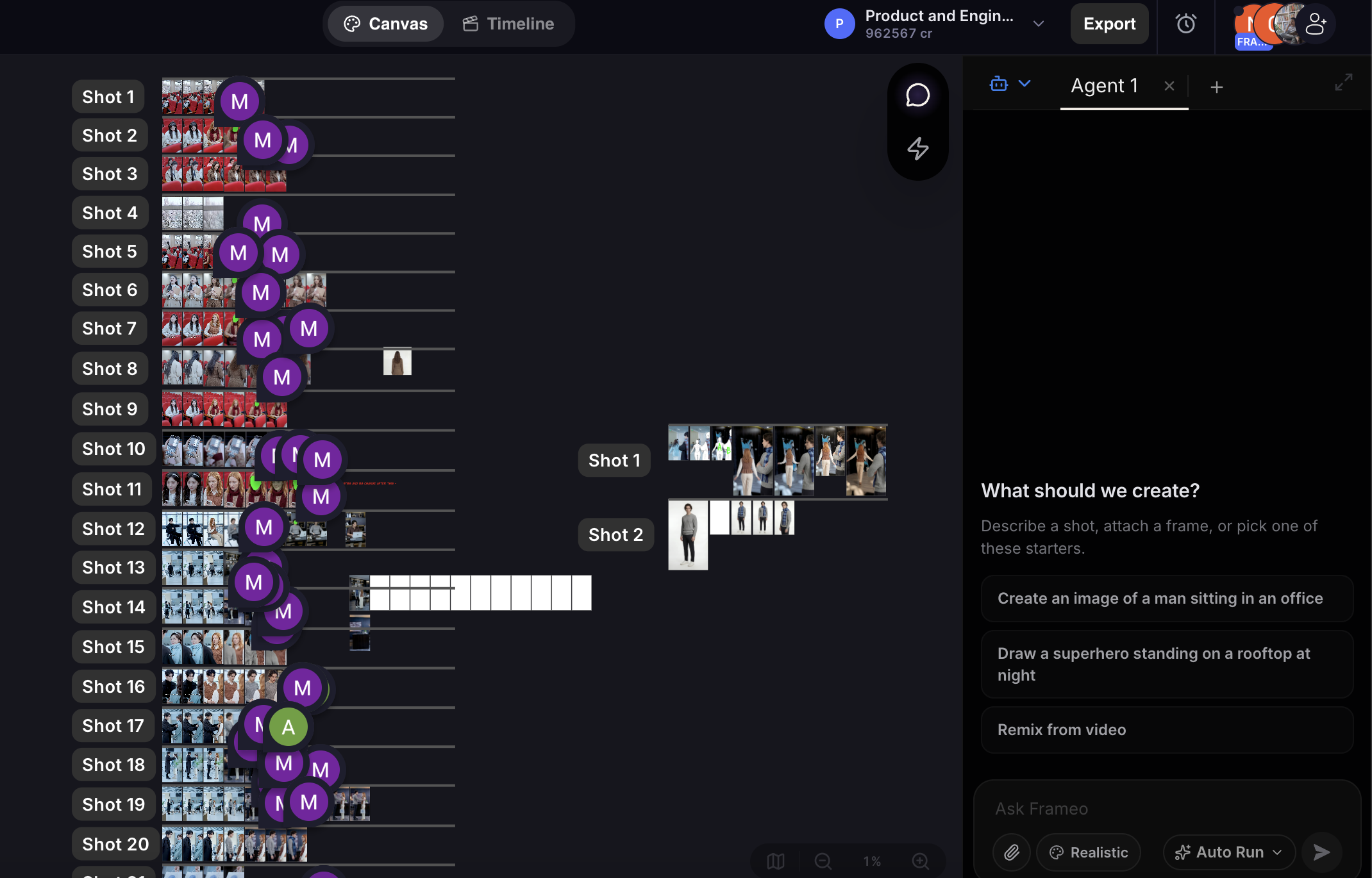 Frameo canvas showing a column of shots with reviewer comment markers
