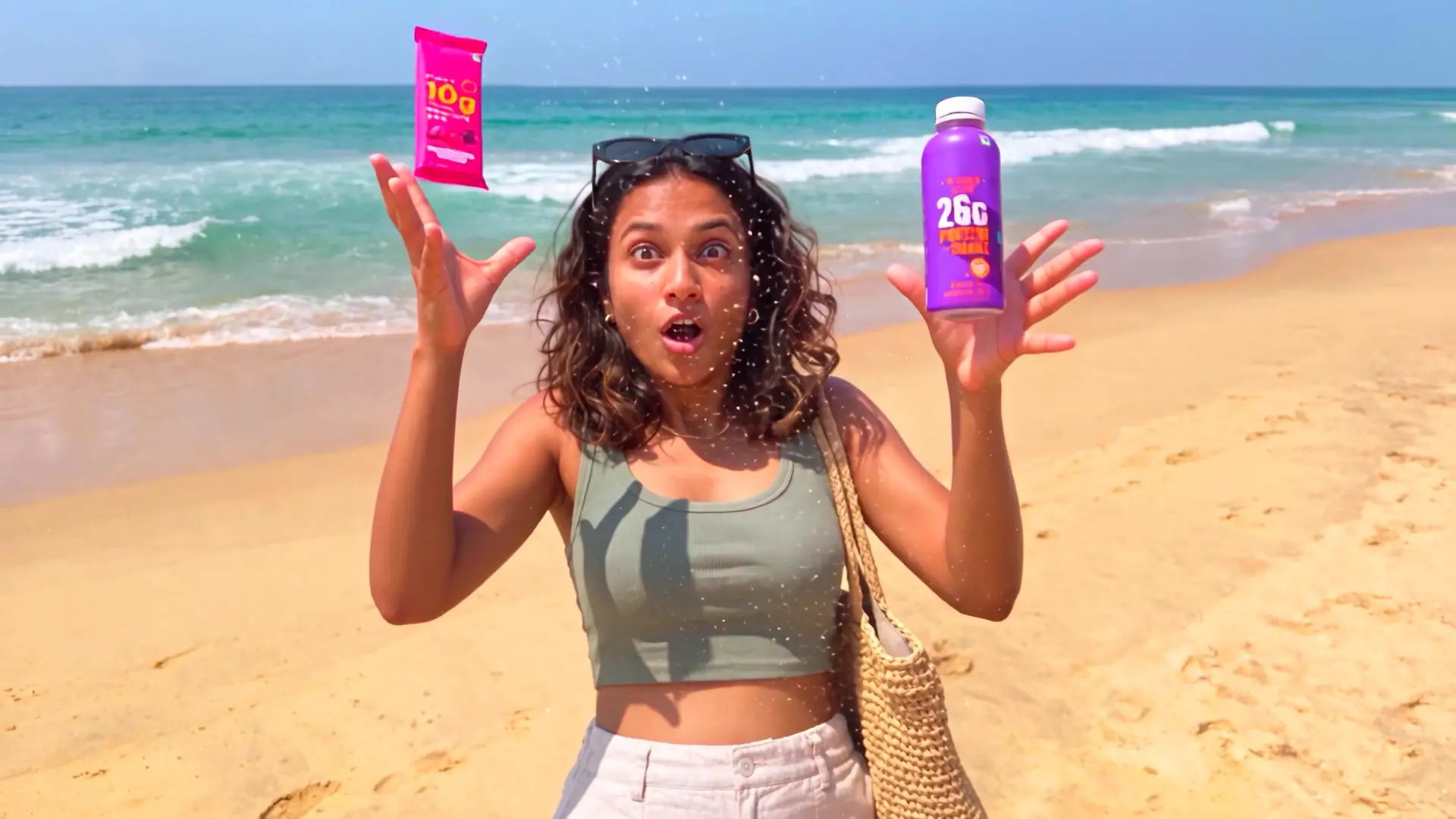 A woman on a sunny beach tossing a snack pack and a drink